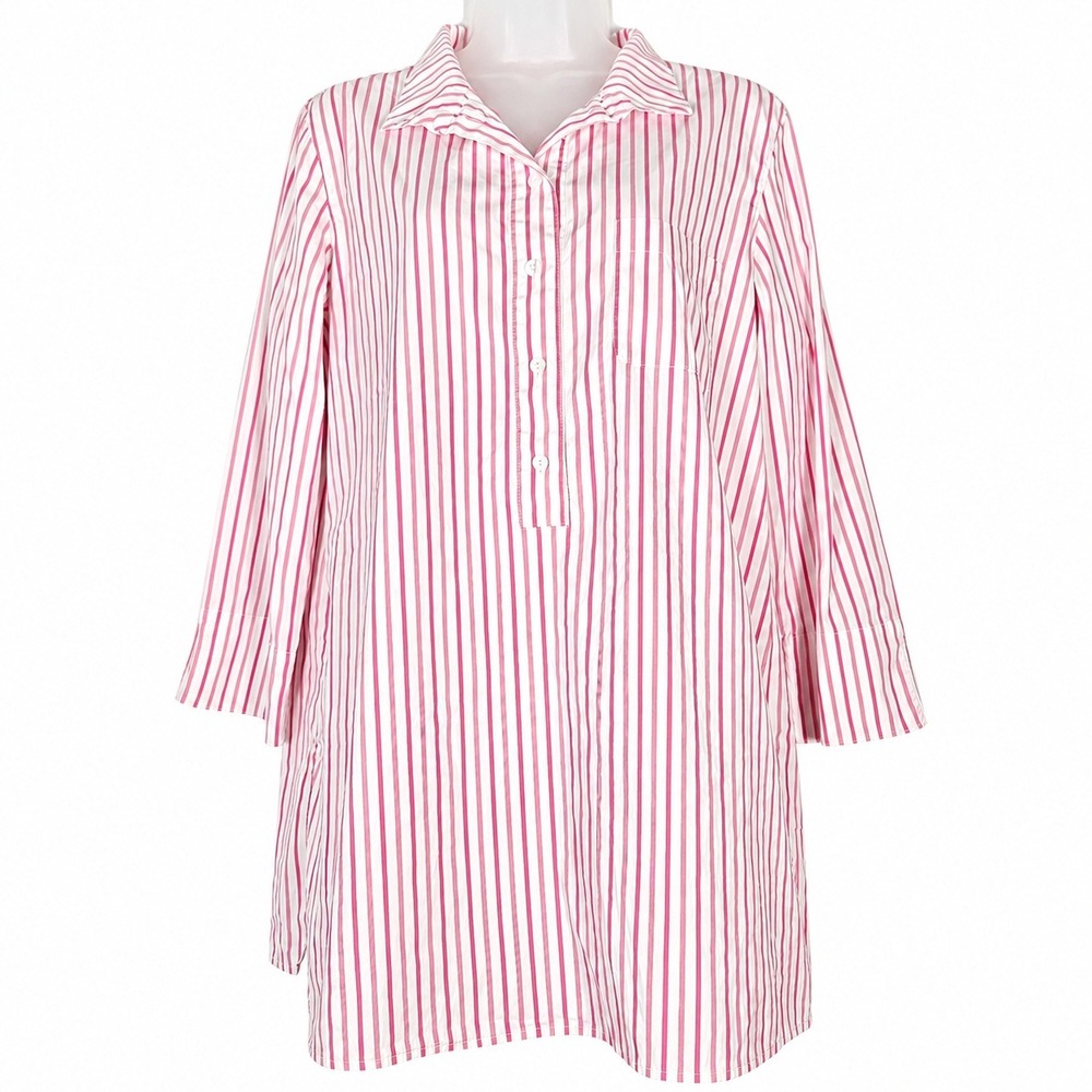 Sara Campbell Tunic Top Womens L Pink Striped Button Up Cotton Preppy USA Office